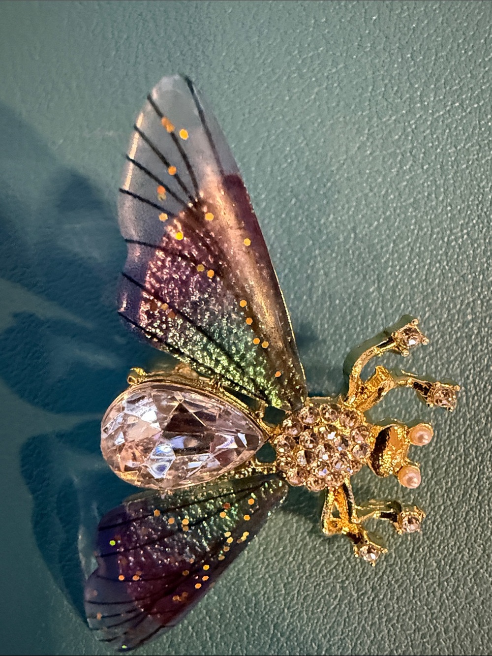 Gold-tone Crystal Fly Brooch with Iridescent Purple-Green Wings